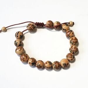 Vintage Chinese Friendship Handpainted Round Ceramic Bead Bracelet Peonies